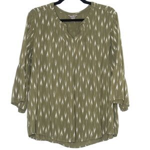 Eddie Bauer Womens Blouse Size Large Olive Green Abstract Tribal‎ Boho Outdoorsy